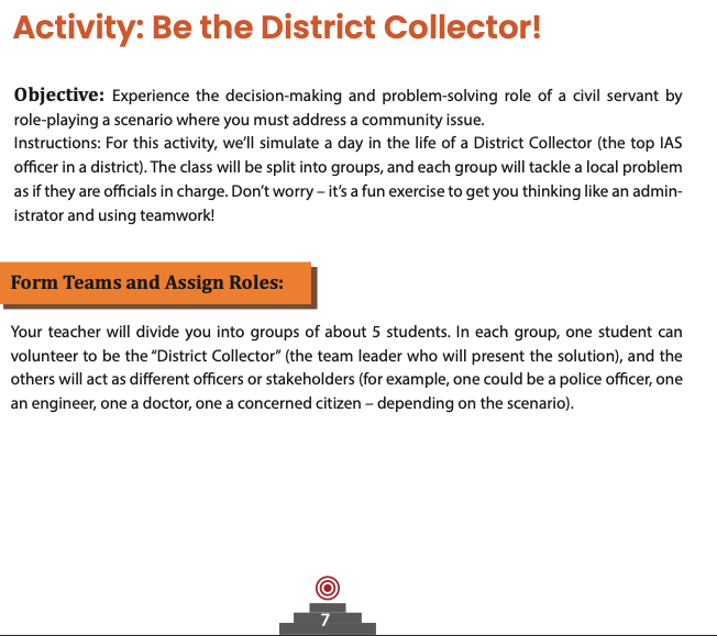 Steps to My Aim sample activity page called Be the District Collector