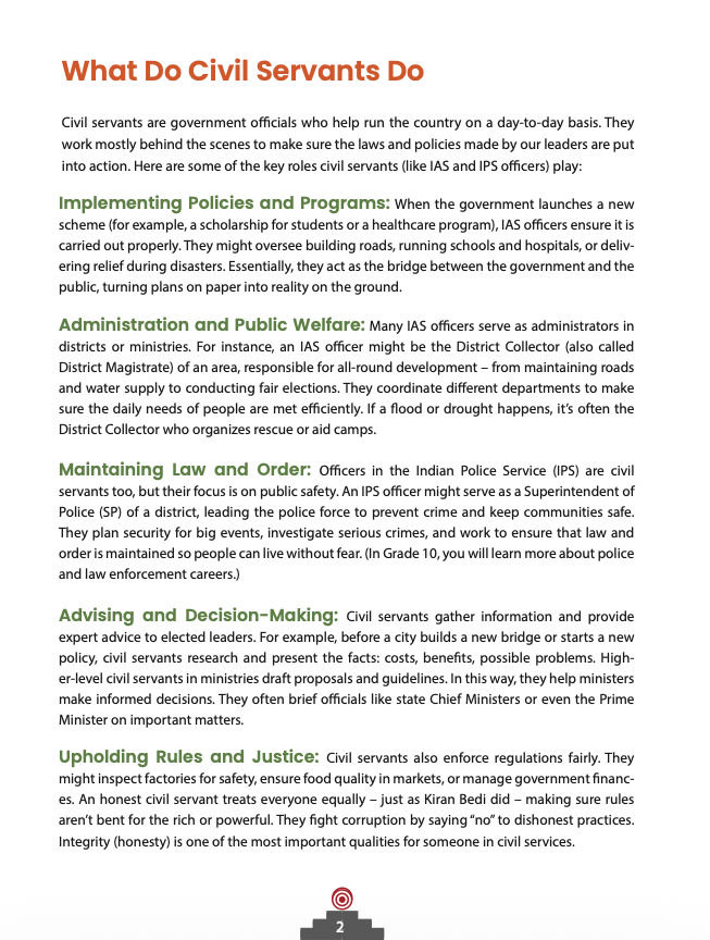 Steps to My Aim sample page explaining what civil servants do