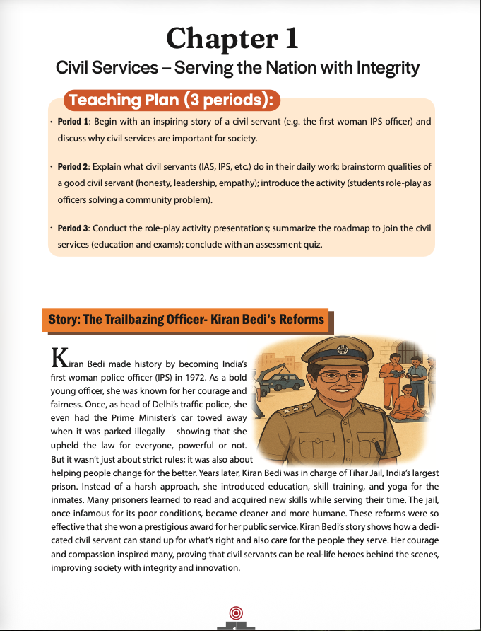 Steps to My Aim sample page showing a Civil Services story and teaching plan